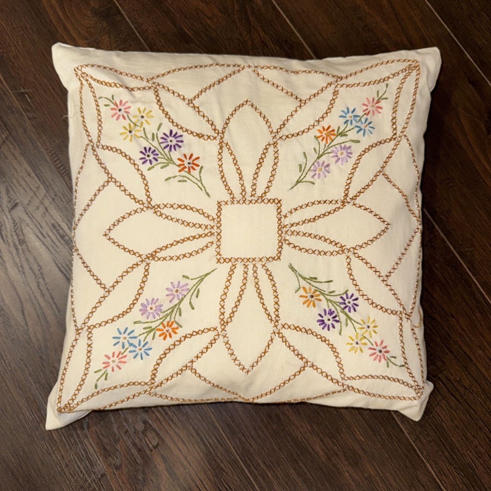 Vintage Cream Color Cottagecore Ruffle Throw Pillow –  Embroidered 15"x15"